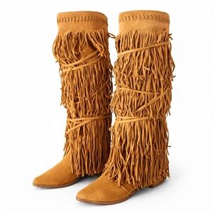 Boho JEFFREY CAMPBELL Knee TALL Suede LEATHER Western FRINGE BOOTS Women's 9.5